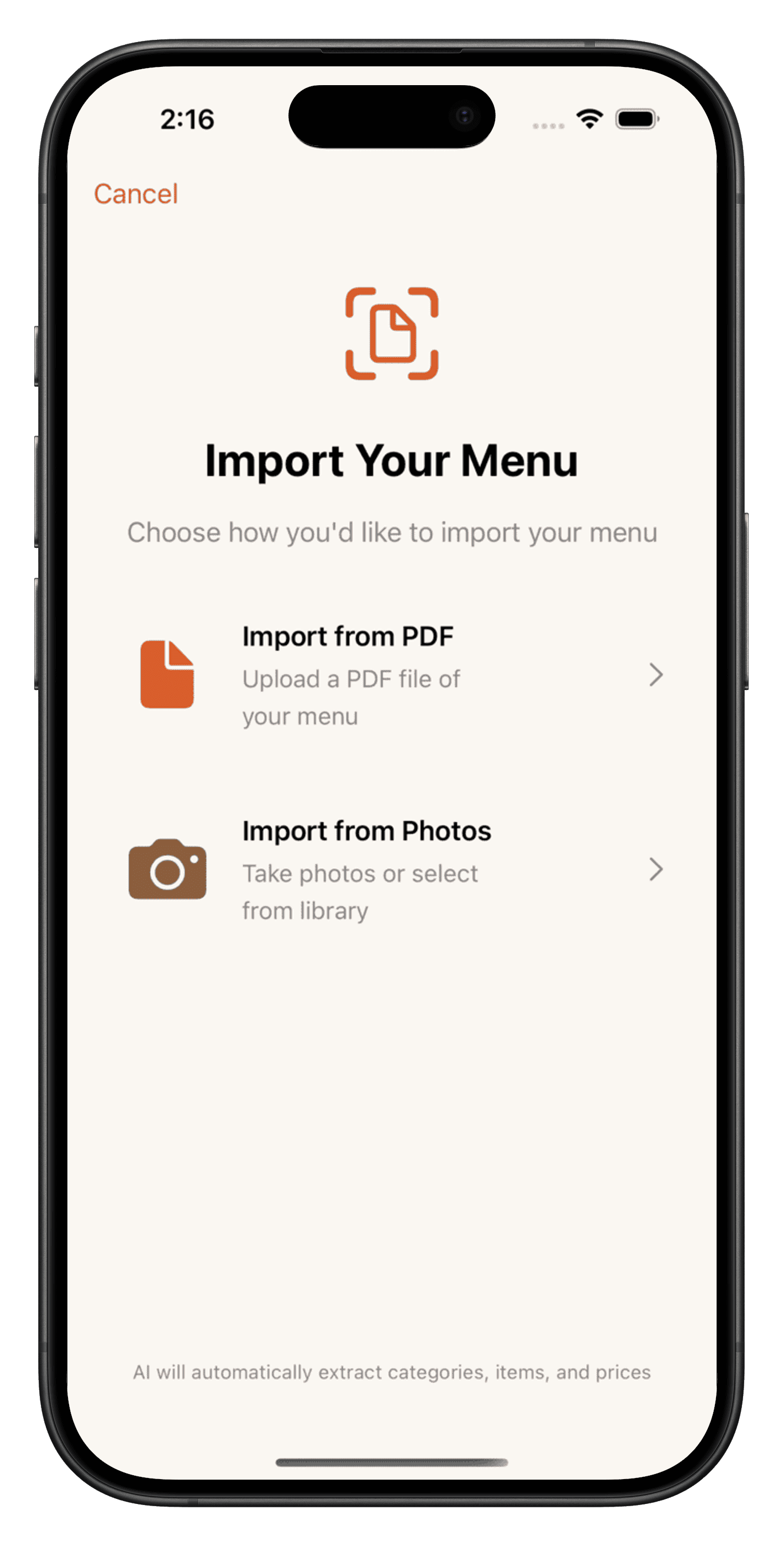 AI-powered menu import showing automatic extraction of items and prices