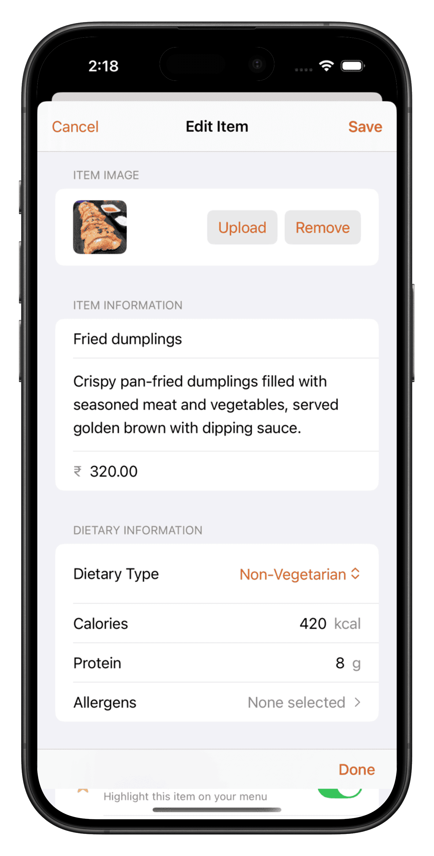Rich item details editor with nutritional info and allergen warnings