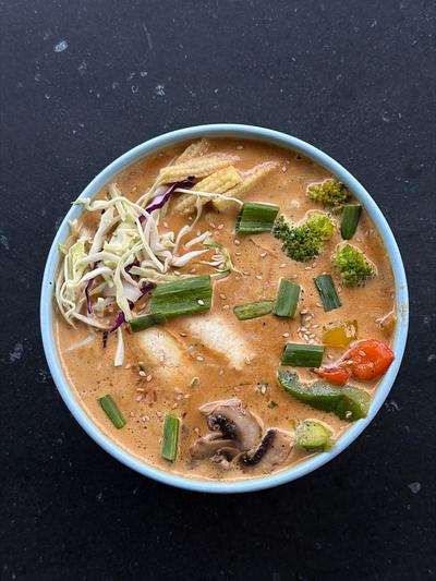 Flat photo of a vegan ramen before AI video